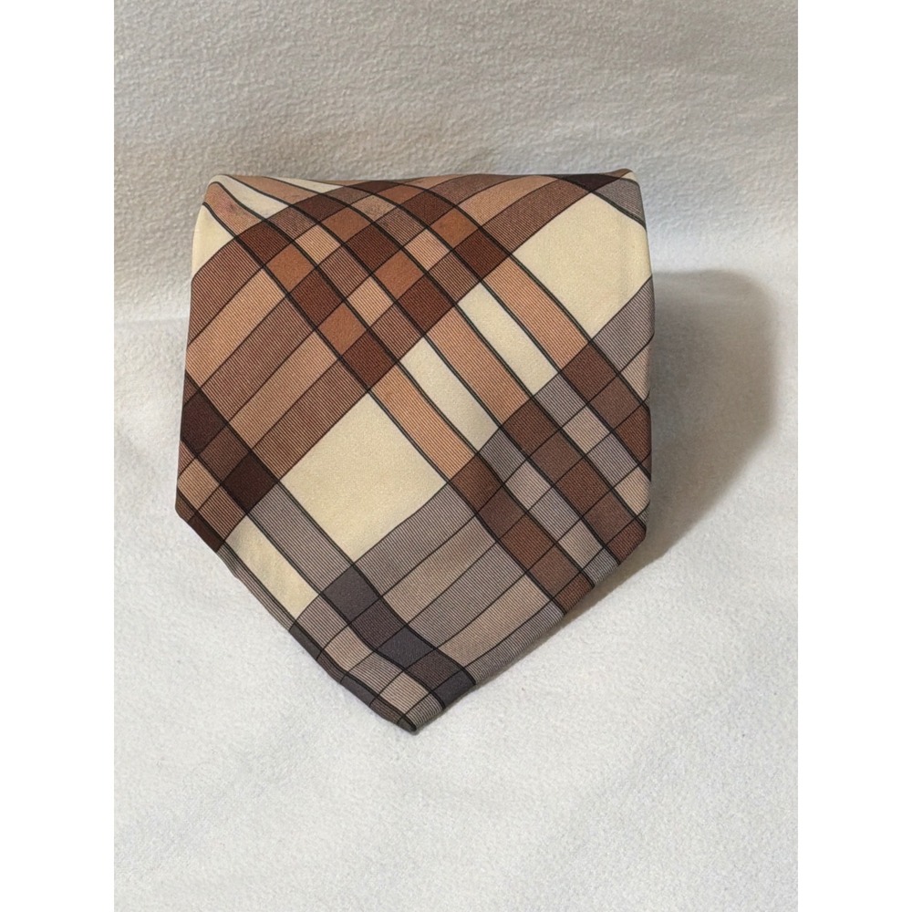 Vintage Proving Ground Brown Tan Plaid Trevira Polyester Wide Necktie 70s Retro